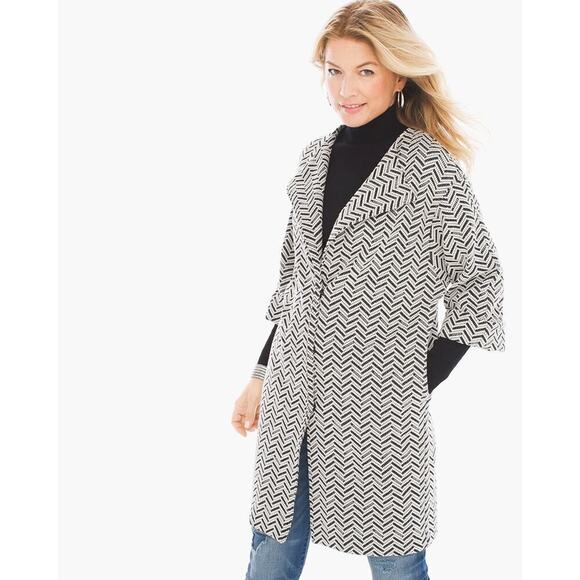 Chicos Size Small Black White Chevron Knit Travel Cardigan Office Siren Jacket - Picture 1 of 14